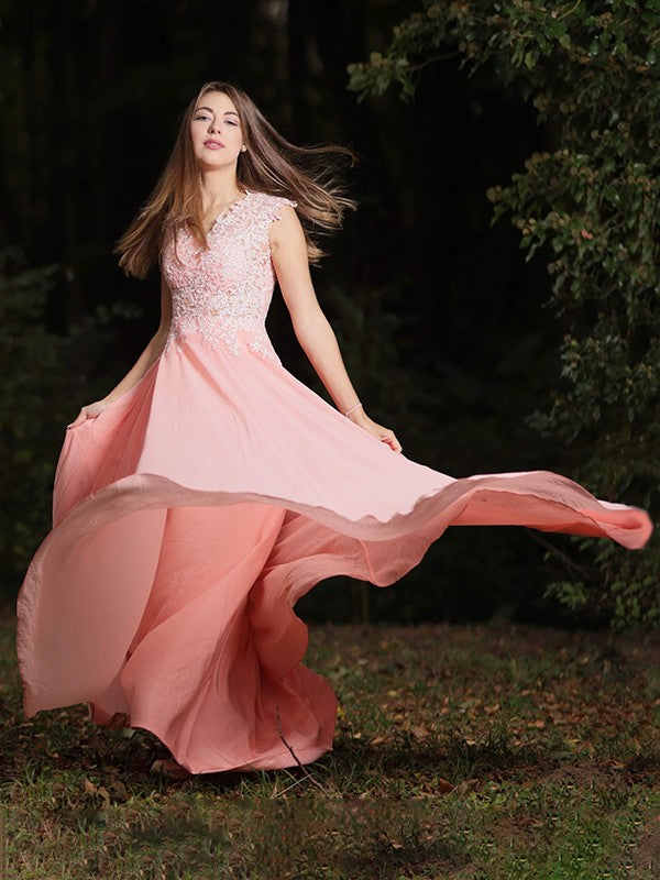 Vestido de noche de fiesta de gasa con encaje, escote en V, sin mangas, corte A/princesa, con cola larga