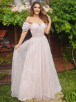 Vestido de noche de graduación con corte A/princesa, fruncido, hombros descubiertos, mangas cortas y cola larga