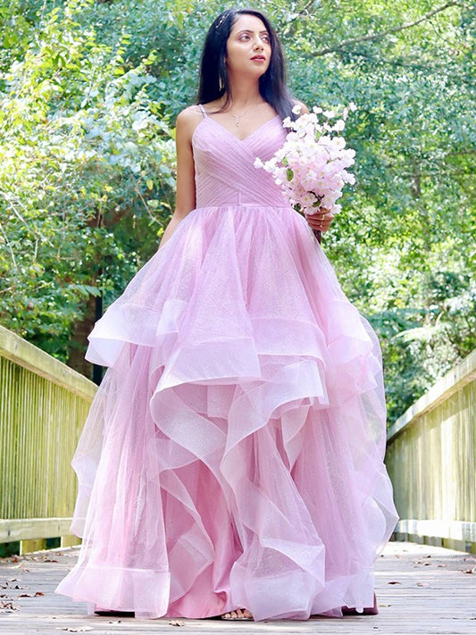Vestidos de fiesta de noche, corte A/princesa, tul, volantes, tirantes finos, sin mangas, hasta el suelo