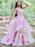 Vestidos de fiesta de noche, corte A/princesa, tul, volantes, tirantes finos, sin mangas, hasta el suelo