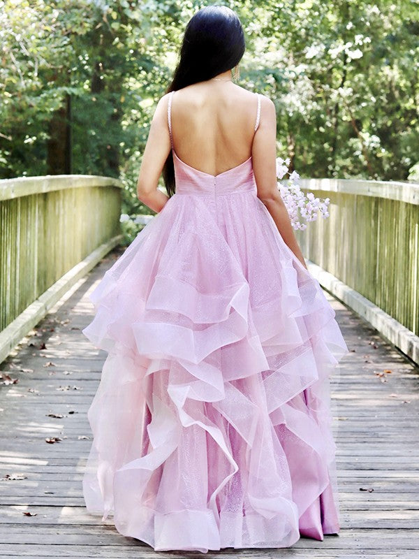 Vestidos de fiesta de noche, corte A/princesa, tul, volantes, tirantes finos, sin mangas, hasta el suelo
