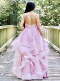 Vestidos de fiesta de noche, corte A/princesa, tul, volantes, tirantes finos, sin mangas, hasta el suelo