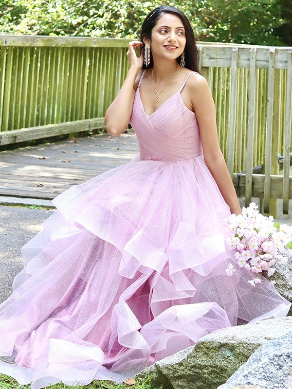 Vestidos de fiesta de noche, corte A/princesa, tul, volantes, tirantes finos, sin mangas, hasta el suelo