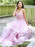 Vestidos de fiesta de noche, corte A/princesa, tul, volantes, tirantes finos, sin mangas, hasta el suelo