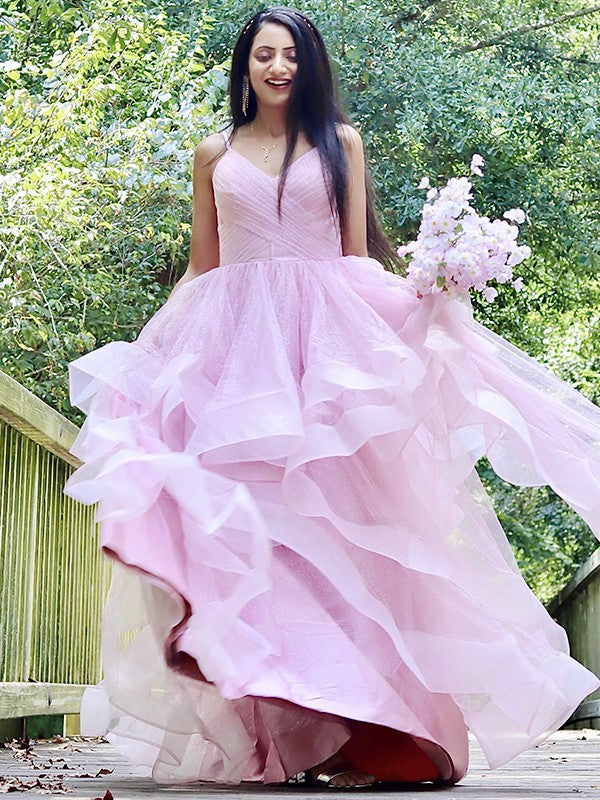 Vestidos de fiesta de noche, corte A/princesa, tul, volantes, tirantes finos, sin mangas, hasta el suelo