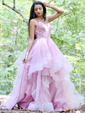 Vestidos de fiesta de noche, corte A/princesa, tul, volantes, tirantes finos, sin mangas, hasta el suelo