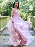 Vestidos de fiesta de noche, corte A/princesa, tul, volantes, tirantes finos, sin mangas, hasta el suelo