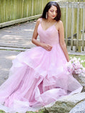 Vestidos de fiesta de noche, corte A/princesa, tul, volantes, tirantes finos, sin mangas, hasta el suelo