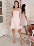 Vestido de fiesta de graduación, corte A/princesa, tul, cuentas, sin tirantes, manga corta, corto/mini