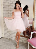 Vestido de fiesta de graduación, corte A/princesa, tul, cuentas, sin tirantes, manga corta, corto/mini