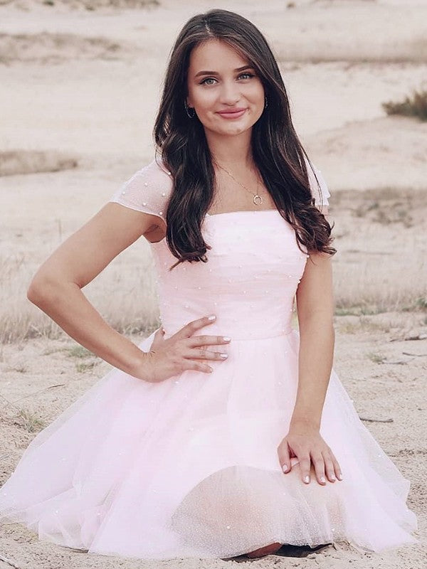 Vestido de fiesta de graduación, corte A/princesa, tul, cuentas, sin tirantes, manga corta, corto/mini