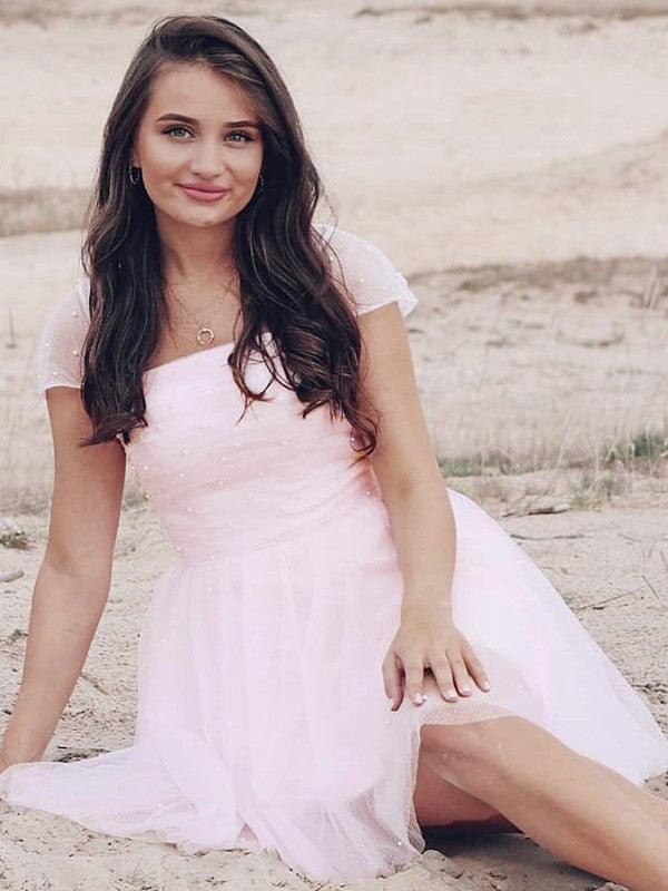 Vestido de fiesta de graduación, corte A/princesa, tul, cuentas, sin tirantes, manga corta, corto/mini