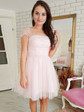 Vestido de fiesta de graduación, corte A/princesa, tul, cuentas, sin tirantes, manga corta, corto/mini