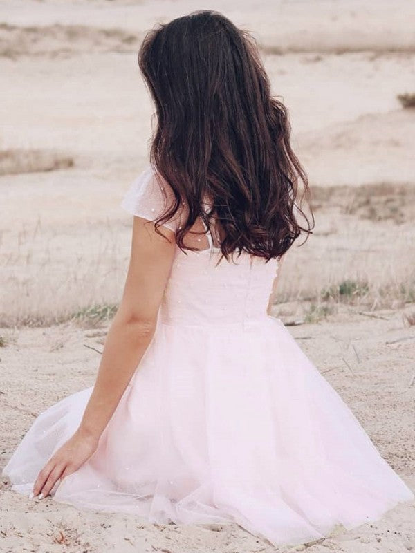 Vestido de fiesta de graduación, corte A/princesa, tul, cuentas, sin tirantes, manga corta, corto/mini