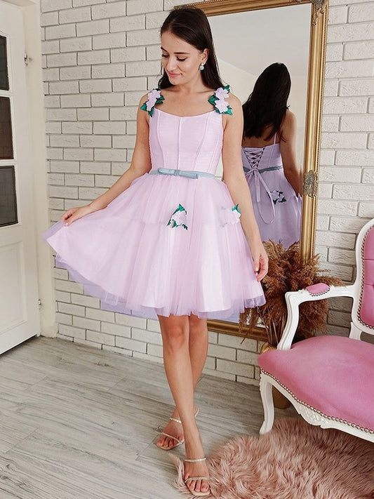 Vestido de fiesta de graduación, corte A/princesa, de tul, con flores hechas a mano, cuadrado, sin mangas, corto/mini
