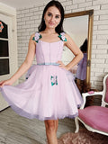 Vestido de fiesta de graduación, corte A/princesa, de tul, con flores hechas a mano, cuadrado, sin mangas, corto/mini