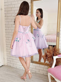 Vestido de fiesta de graduación, corte A/princesa, de tul, con flores hechas a mano, cuadrado, sin mangas, corto/mini