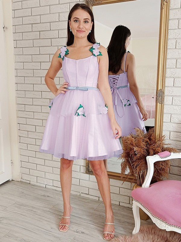 Vestido de fiesta de graduación, corte A/princesa, de tul, con flores hechas a mano, cuadrado, sin mangas, corto/mini