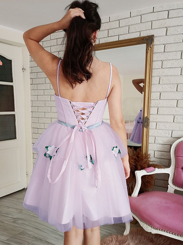 Vestido de fiesta de graduación, corte A/princesa, de tul, con flores hechas a mano, cuadrado, sin mangas, corto/mini