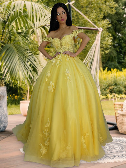 Vestido de fiesta de tul con apliques, hombros descubiertos, sin mangas, con cola larga, para fiesta de quinceañera