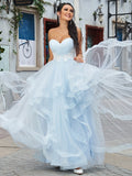Vestido de noche de graduación con corte A/princesa, escote corazón, sin mangas, largo hasta el suelo y apliques de tul