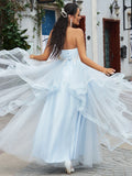 Vestido de noche de graduación con corte A/princesa, escote corazón, sin mangas, largo hasta el suelo y apliques de tul