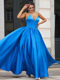 Vestido de noche de graduación de corte A/princesa, de satén, con volantes, escote corazón, sin mangas y largo hasta el suelo