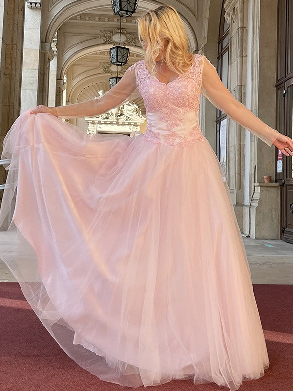 A-Line/Princess Tulle Applique V-neck Long Sleeves Floor-Length Dresses Prom Evening Dress
