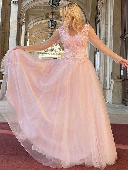 Vestido de noche de fiesta con escote en V, manga larga y apliques de tul, corte A/princesa