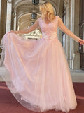 A-Line/Princess Tulle Applique V-neck Long Sleeves Floor-Length Dresses Prom Evening Dress