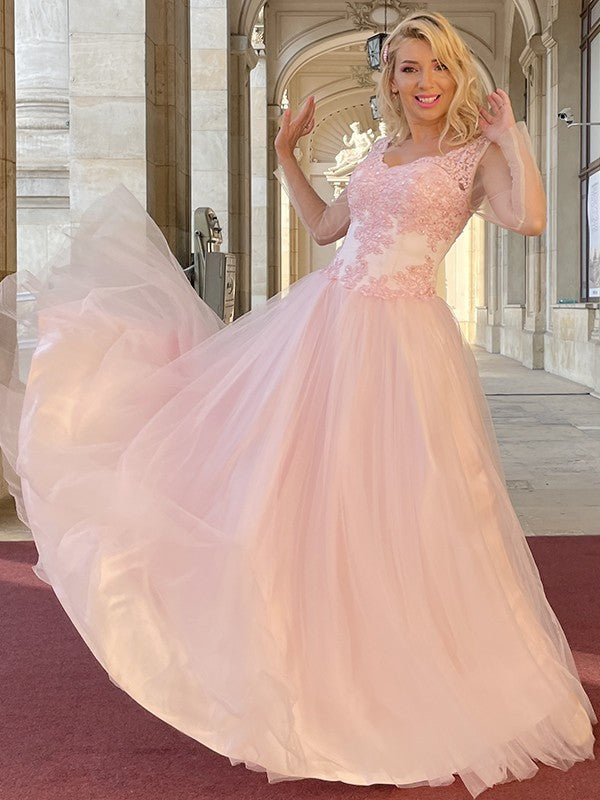 A-Line/Princess Tulle Applique V-neck Long Sleeves Floor-Length Dresses Prom Evening Dress