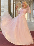 A-Line/Princess Tulle Applique V-neck Long Sleeves Floor-Length Dresses Prom Evening Dress