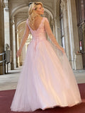 A-Line/Princess Tulle Applique V-neck Long Sleeves Floor-Length Dresses Prom Evening Dress