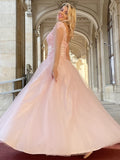 A-Line/Princess Tulle Applique V-neck Long Sleeves Floor-Length Dresses Prom Evening Dress