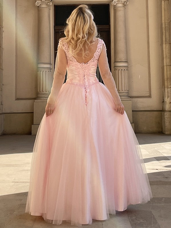 A-Line/Princess Tulle Applique V-neck Long Sleeves Floor-Length Dresses Prom Evening Dress