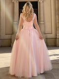 A-Line/Princess Tulle Applique V-neck Long Sleeves Floor-Length Dresses Prom Evening Dress