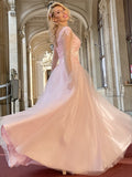 A-Line/Princess Tulle Applique V-neck Long Sleeves Floor-Length Dresses Prom Evening Dress