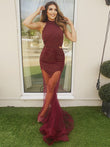 Vestido de noche de fiesta con escote halter, sin mangas, con apliques de tul y cola larga