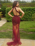 Vestido de noche de fiesta con escote halter, sin mangas, con apliques de tul y cola larga