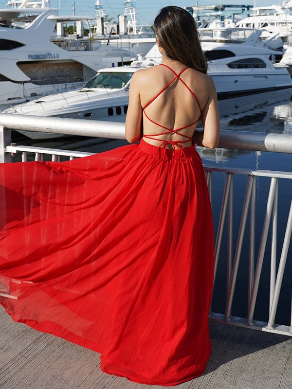 Vestido de noche de graduación de corte A/princesa de gasa fruncida con escote en V sin mangas hasta el suelo