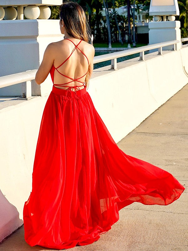 Vestido de noche de graduación de corte A/princesa de gasa fruncida con escote en V sin mangas hasta el suelo
