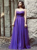 Vestido de noche de fiesta de corte A/princesa, de tul, con cuentas, escote redondo, sin mangas y largo hasta el suelo