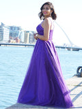 Vestido de noche de fiesta de corte A/princesa, de tul, con cuentas, escote redondo, sin mangas y largo hasta el suelo