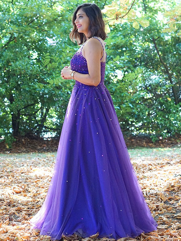 Vestido de noche de fiesta de corte A/princesa, de tul, con cuentas, escote redondo, sin mangas y largo hasta el suelo