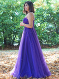 Vestido de noche de fiesta de corte A/princesa, de tul, con cuentas, escote redondo, sin mangas y largo hasta el suelo