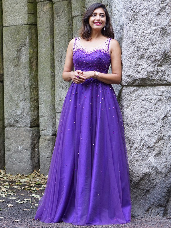 Vestido de noche de fiesta de corte A/princesa, de tul, con cuentas, escote redondo, sin mangas y largo hasta el suelo