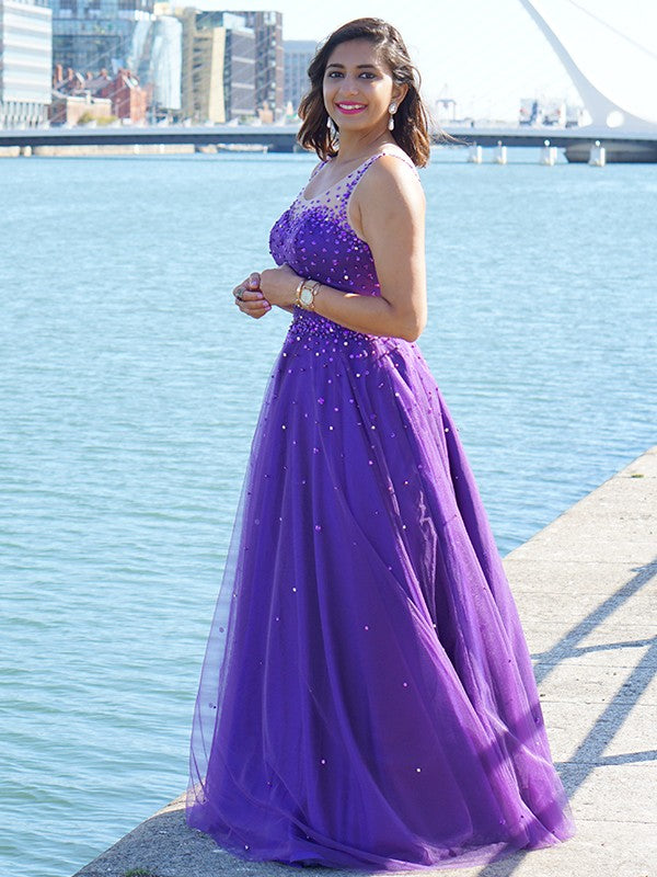 Vestido de noche de fiesta de corte A/princesa, de tul, con cuentas, escote redondo, sin mangas y largo hasta el suelo