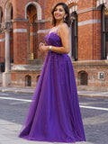 Vestido de noche de fiesta de corte A/princesa, de tul, con cuentas, escote redondo, sin mangas y largo hasta el suelo