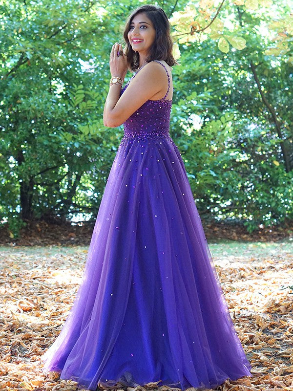 Vestido de noche de fiesta de corte A/princesa, de tul, con cuentas, escote redondo, sin mangas y largo hasta el suelo