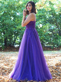 Vestido de noche de fiesta de corte A/princesa, de tul, con cuentas, escote redondo, sin mangas y largo hasta el suelo